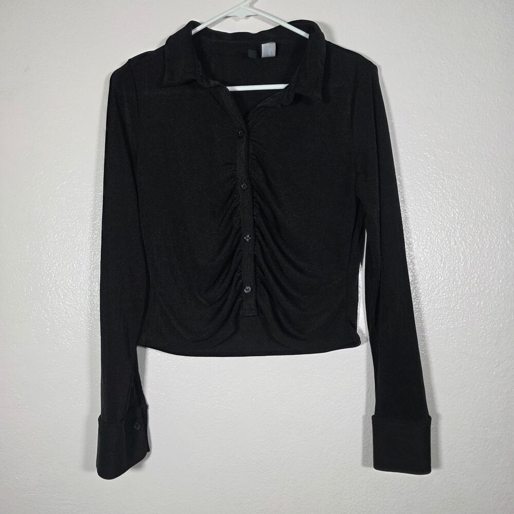 H&M Divided Black Ruched Button Front Collared Top Y2K Women’s M